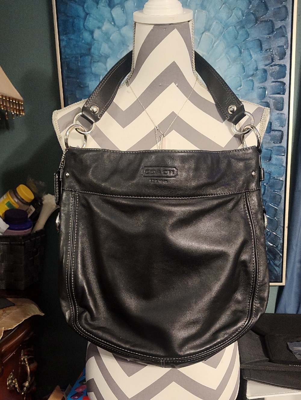 Coach Zoe Vintage Black Leather Hobo Bag with Silver Hardware Pristine Condition